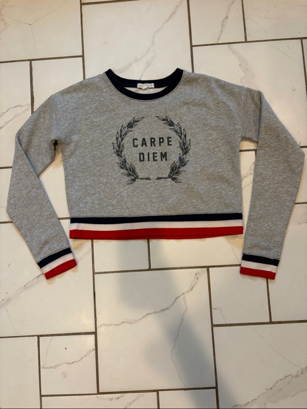 Retro Aeropostale Grey Boxy Cropped Sweatshirt with Navy & Red Trim - EUC, M